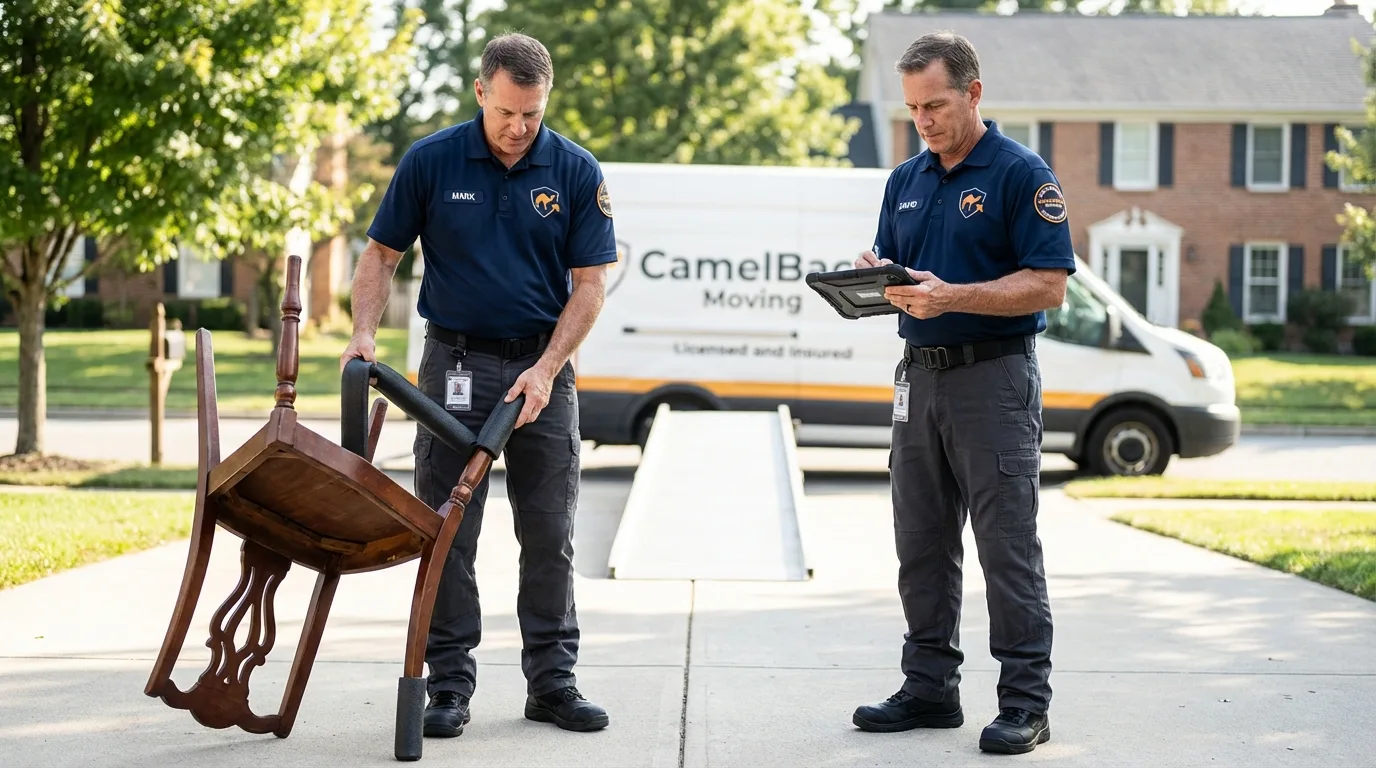 Movers inspecting furniture for damage prevention before loading in White Marsh, MD