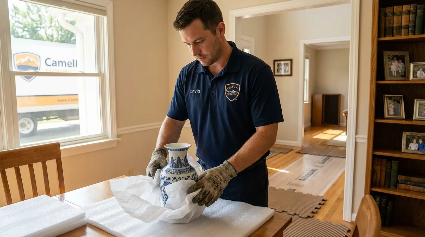 Professional crew carefully wrapping antique vase for senior downsizing move in White Marsh, MD
